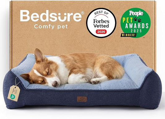 Bedsure SupportMax™ Orthopedic Dog Bed Medium Size Dog - As Seen on TV Extra Thick Supportive Medium Dogs Beds with Waterproof Washable Cover, Comfort Pet Bed Sofa with Soft Sherpa, Navy, 35"