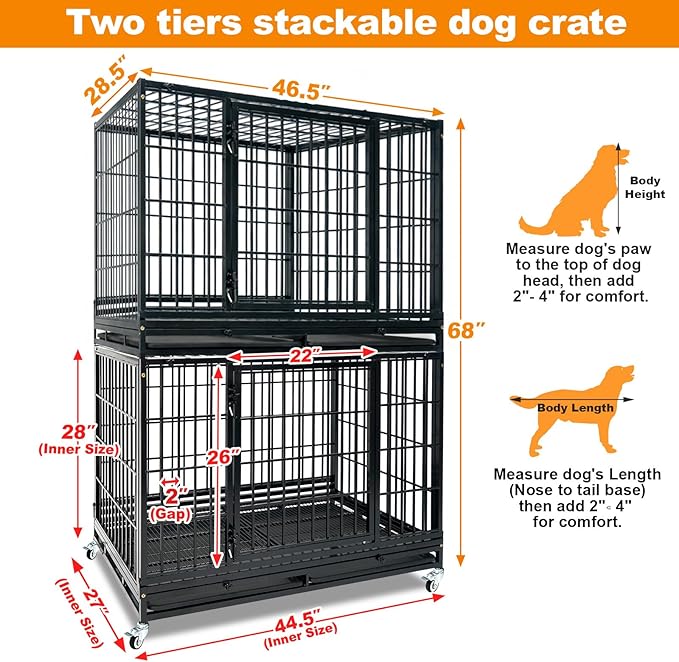 Homey Pet Heavy Duty Dog Crates for Large Dogs, 47 Inch Stackable Large Dog Crate Cage with 4 Wheels, 2 Removable Trays and Grids, 2 Bowls, Multi Locks Strong & Solid Escape Proof Dogs Kennel Indoor