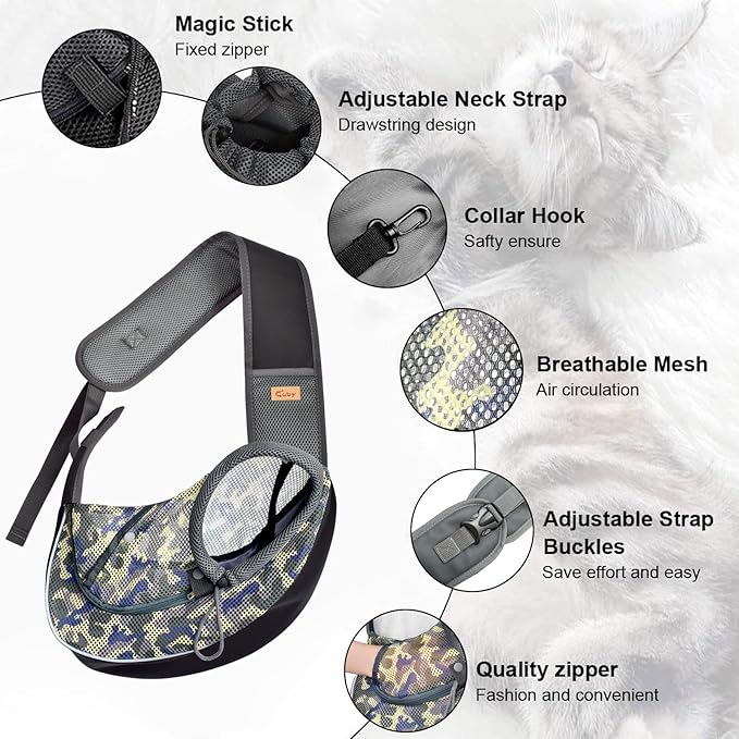 Cuby Pet Dog Sling Carrier for Small Dogs Cats Breathable Mesh Travel Safe Sling Bag Carrier for Dogs Cats Puppy (L, Camouflage)