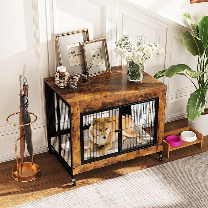 PETSITE Portable Dog Crate Furniture, 38 Inch Wooden Dog Kennel Side Table with Flip-up Top, 3 Lockable Doors and Removable Tray, Ideal for Small to Medium Dogs (Rustic Brown)
