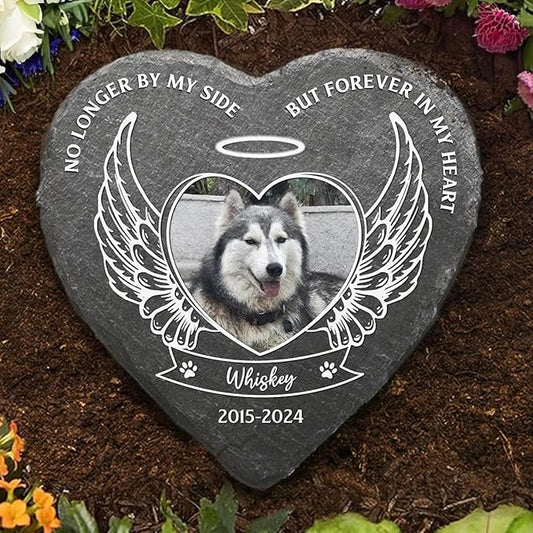 Wrappiness Pet Memorial Stone - No Longer by My Side Forever in My Heart, Personalized Dog Memorial Gifts, Remembrance Condolences Bereavement Gifts for Loss of Pet Custom Photo (Heart 04, Stone)