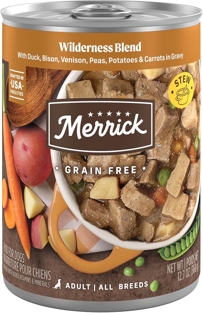 Merrick Grain Free Wet Dog Food, Premium Soft and Wholesome Canned Adult Dog Food, Wilderness Blend Recipe - (Pack of 12) 12.7 oz. Cans