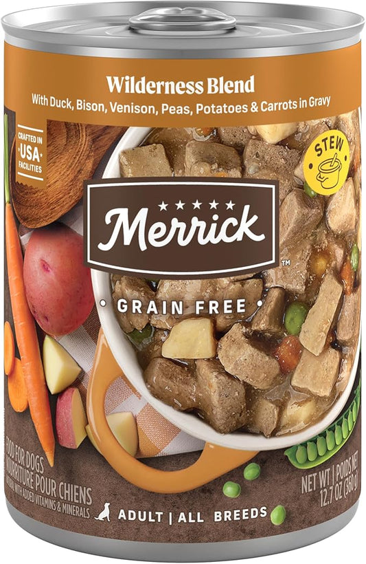 Merrick Grain Free Wet Dog Food, Premium Soft and Wholesome Canned Adult Dog Food, Wilderness Blend Recipe - (Pack of 12) 12.7 oz. Cans