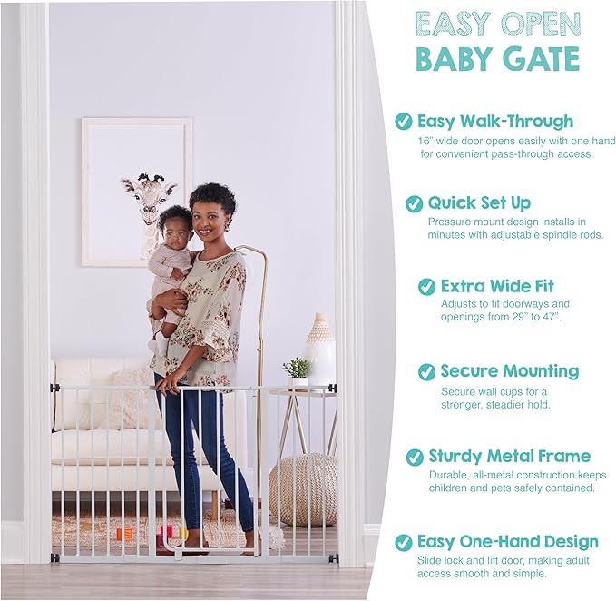 Regalo Safety 29-47" Easy Open Extra Wide Baby Gate for Doorways, Hallways & Bottom of Stairs, Pressured Mounted Safety Gate for Babies, Toddlers & Pets, Tested & Safe, American Designed and Owned