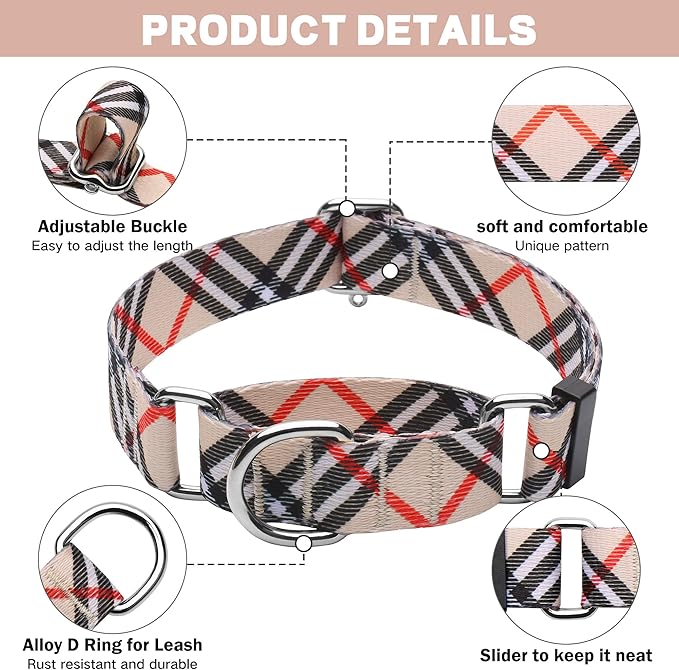 Hikiko Martingale Collar for Dogs with No Buckle Nylon Training Dog Collars for Small Dogs,Khaki Plaid,S