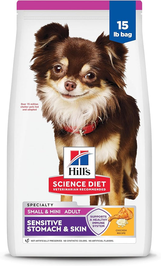 Hill's Science Diet Adult 1-6 Sensitive Stomach & Skin Small & Mini Breeds Dry Dog Food, Chicken Recipe, 15 lb. Bag (Updated Formula)