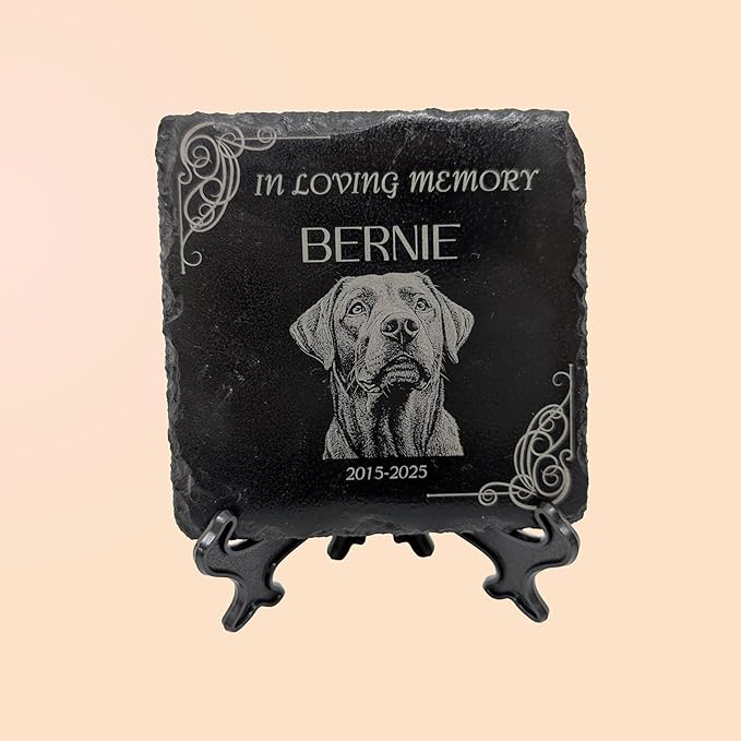 lemuria 4x4” Pet Memorial Stone – Personalized Black Slate Grave Marker – Custom Engraved Dog or Cat Headstone for Indoor or Outdoor Use (4x4 inches)