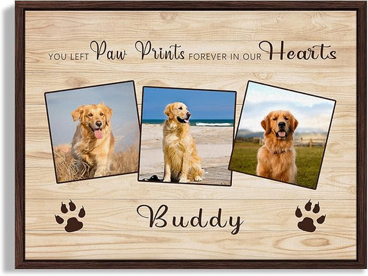 Custom Pet Memorial Gifts for Loss of Dog, Leave Paw Prints on Our Hearts, Dog Loss Sympathy Gift for Dog Cat Lovers Owners, Personalized Paw Prints Canvas with Photo and Name