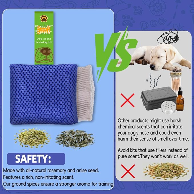Dog Scent Training Kit – Fun Nosework Brain Games for Dogs – Encourage Calmness, Build Bond, All Ages & Breeds – 6 Scent Pouches with Fennel & Rosemary, Snap Hooks & Step-by-Step Training Guide