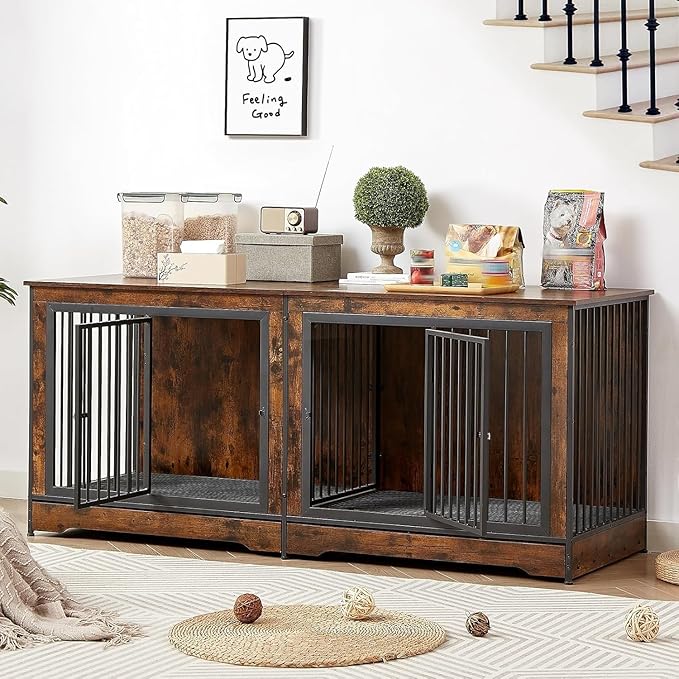 Rovibek 75'' Double Dog Crate Furniture for 2 Large Dogs, Heavy Duty Furniture Style Dog Kennel End Table, Wood Crates for Dogs Kennel Indoor Double Door, Brown