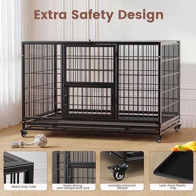 Gardner Pet 43 inch Stackable Heavy Duty Dog Crate,Indestructible Escape-Proof Dog Kennel for Medium Dogs,High Anxiety Dog Cage with Upgraded Lockable Wheels，Removable Tray & Triple Door,Black