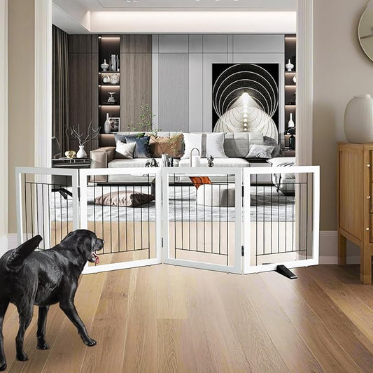 ZJSF Freestanding Dog Gate Indoor, Foldable Dog Fence for Doorways,Hallways or Stairs, Sturdy Wood Extra Wide Pet Gate with Support Feet,White,24 "Height-4 Panels
