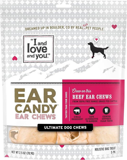 I and love and you Ear Candy Cow Ear Chews - Beef - Rawhide Alternative, Single Ingredient, Free Range Grass Fed Beef, 5ct