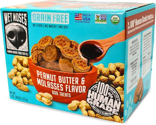 Wet Noses Organic Crunchy Dog Treats – All-Natural, Human-Grade, Non-GMO, Healthy Training & Delicious Snacks for All Dog Sizes & Breeds – Peanut Butter & Molasses (Grain Free), 5lb (Single Pack)