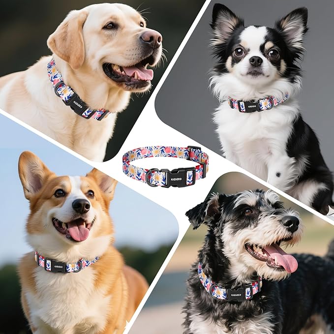 Kazazoo Dog Collar Cute and Soft Nylon Puppy Collar Girl, Adjustable Dog Collars for Small Medium Dogs, Blue and Pink Flowers-M