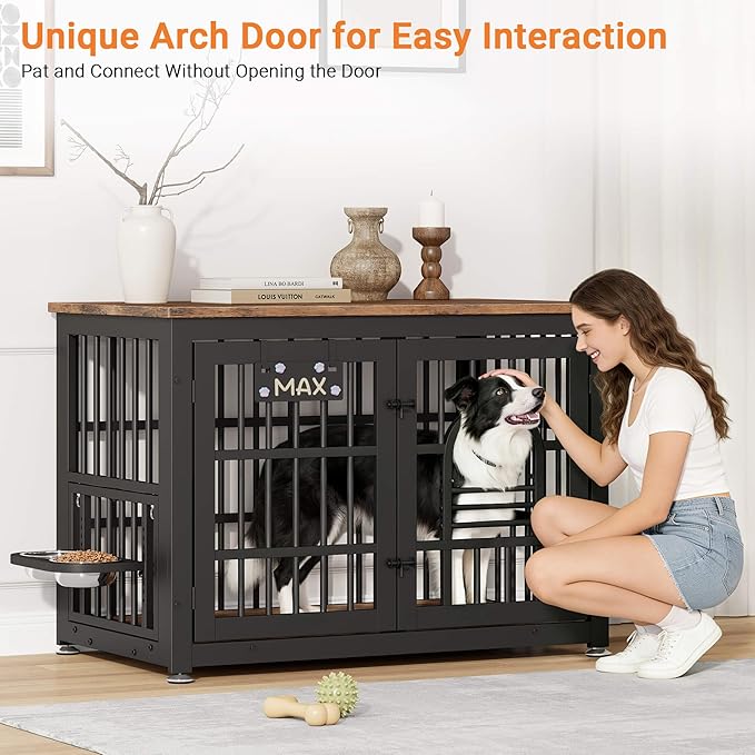 Dog Crate Furniture with Name Tag, Dog Kennel Indoor with 360° Rotating Feeder and Adjustable Heights Bowls, Wooden Decorative Pet Cage End Table for Small Medium Dogs, Rustic Brown 37.8" L