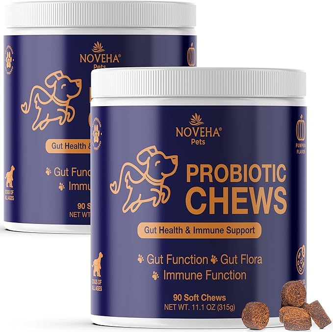NOVEHA Probiotic Chews for Dogs | Ultimate Gut Health & Digestive Support | for Healthy Skin & Coat | Relieves Itching & Paw Licking | Probiotics for Pet Dogs with Allergies (180 Chews 2-Pack)