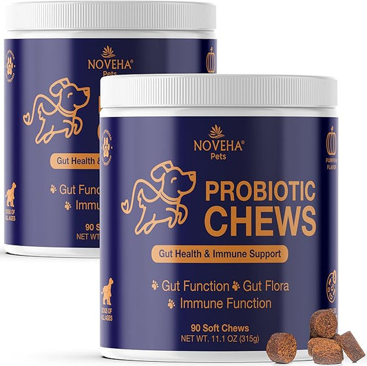 NOVEHA Probiotic Chews for Dogs | Ultimate Gut Health & Digestive Support | for Healthy Skin & Coat | Relieves Itching & Paw Licking | Probiotics for Pet Dogs with Allergies (180 Chews 2-Pack)