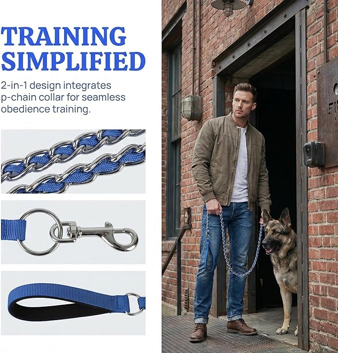 Chew Proof Metal Dog Leash with Built-in P-Chain Collar - 2FT/4FT for Small/Medium/Large Dogs (30-150lb), Anti-Bite Chain Link with Soft Padded Handle, 360° Rotating Clasp Blue