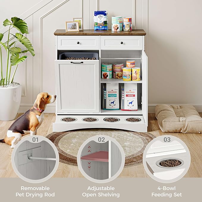 FIMELLO 39.7’’W Dual Doors Dog Food Storage Cabinet, Tilt-Out Dog Feeding Station with 4 Feeding Bowls, Pet Feeder Cabinet, White Grain