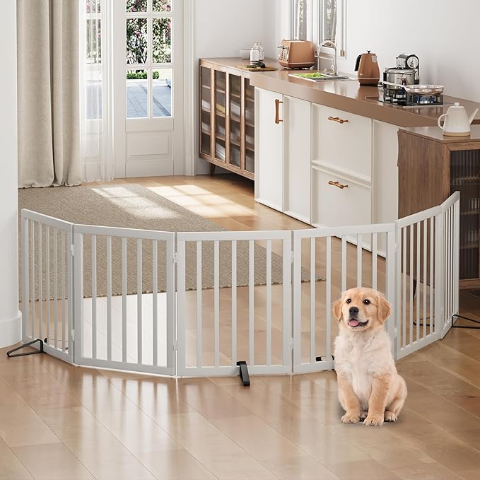 Dog Gate, Freestanding Dog Gates for Doorways, Foldable Dog Gate Indoor, Pet Gates for Doorways Bedroom, Puppy Gate with Metal Support Feet, Room Divider 6 Panels (White)