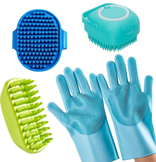 4-Piece Rubber Pet Grooming Kit for Dogs and Cats - Gentle Deshedding Brush & Massage Gloves, Suitable for Short & Long Hair, Bathing and Shedding Tool（3 * Blue+Green）