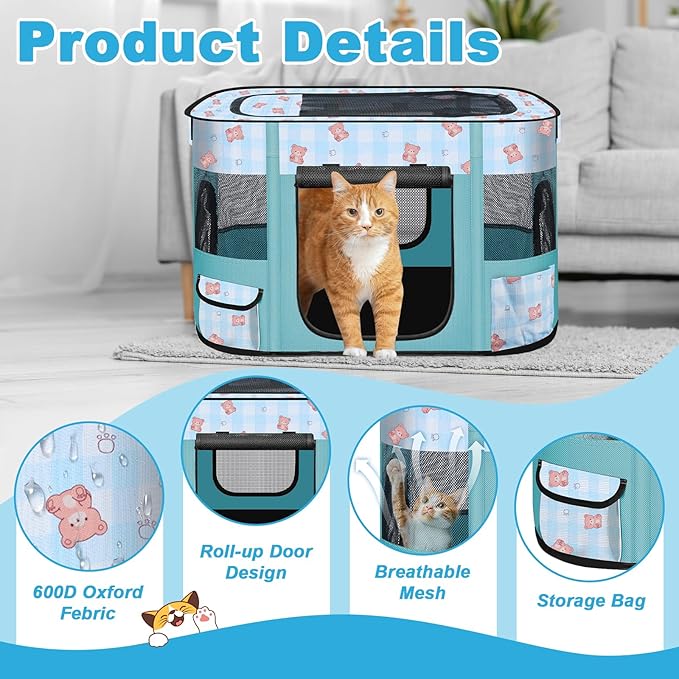 Foldable Dog Playpen Indoor,Expandable Puppy Playpen,Portable Pet Playpen for Small Animals,Waterproof Exercise Kennel Tent Crate for Travel,Camping, Home & Outdoor Use (S 27"L x 19"W x 17"H, Blue)