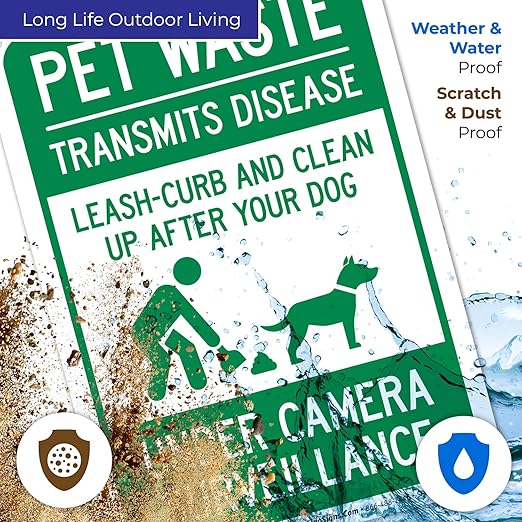 Pet Waste Leash-Curb and Clean Up After Your Dog Under Camera Surveillance Sign, (SI-63188) 10x7 Inches, 55 mil Thick HDPS (high Density polystyrene), Made in USA
