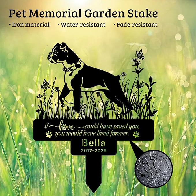 Personalized Boxer Dog Memorial Garden Stake – Custom Metal Grave Marker with Name & Date, Outdoor Pet Memorial Sign for Boxer Dog