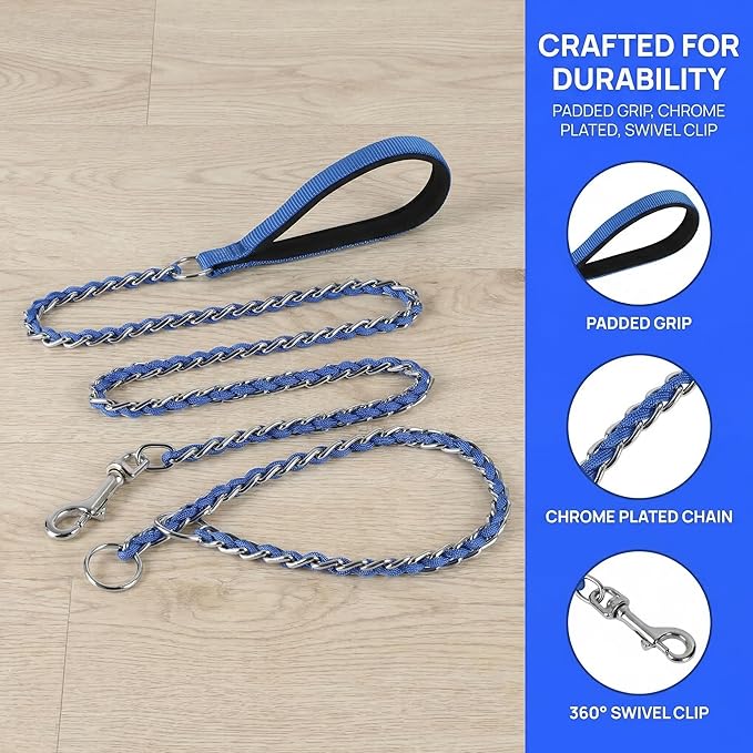 Chew Proof Metal Dog Leash with Built-in P-Chain Collar - 2FT/4FT for Small/Medium/Large Dogs (30-150lb), Anti-Bite Chain Link with Soft Padded Handle, 360° Rotating Clasp Blue