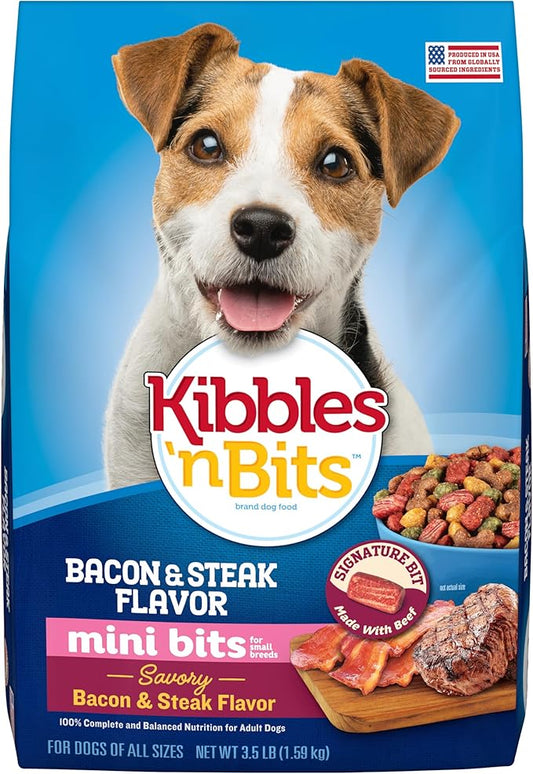 Kibbles 'n Bits Mini Bits Small Breed Dry Dog Food, Savory Bacon & Steak Flavor for Adult Dogs, 3.5 lb. Bag