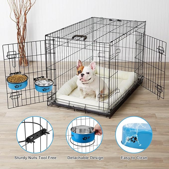 Stainless Steel Dog Crate Bowls Hanging No Spill 2 PCS - Adjustable Mountable Kennel Bowls for Medium/Large Dogs, Anti Spill Water & Food Bowl Set (Blue, L(6.3"+7.1"))