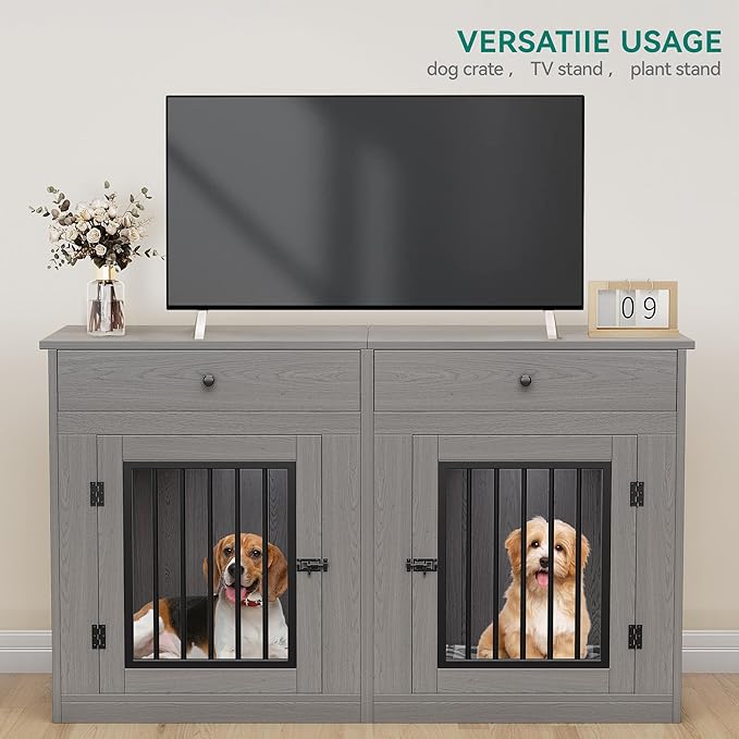 DWVO 60 Inch Double Dog Crate Furniture for 2 Dogs, Heavy Duty Wooden Dog Crate TV Stand with Removable Divider & Storage Drawers, Dogs Kennel Indoor Furniture Double Sliding Barn Door, Grey