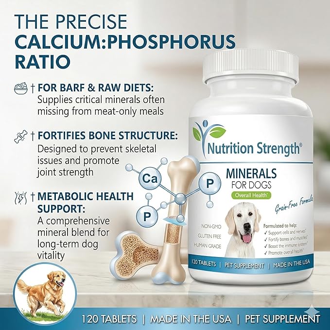 Dog Minerals & Electrolytes - Essential Raw Diet Balancer & Senior Dog Vitality Support - Calcium, Magnesium, Zinc, Iron & Selenium for Bone, Muscle & Nerve Health - 120 Tablets