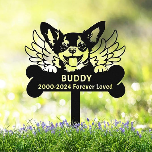 Personalized Chihuahua Dog Memorial Grave Marker Metal Garden Decor Sign with Stake, Custom Dog Memorial Stake with Wings Dog Sympathy Gift Pet Loss Burial Stake, Customized Memorial Plaque