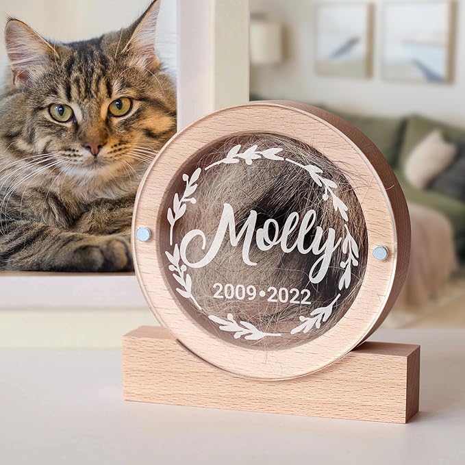 Personalized Pet Hair Keepsake Box for Dog and Cat Fur - Engraved Wood Memorial Box - Unique Customized Gift for Loss of Furry Friend Wooden (Light Round Wood/Acrylic Lid)