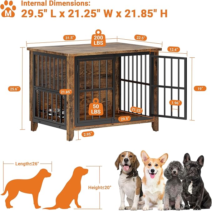31.5" Dog Crate Furniture, Wooden Dog Kennel Indoor with 360° Rotating Feeder and 2 Adjustable Bowls, Decorative Side End Table Dog Cage for Medium and Small Dogs, Rustic Brown