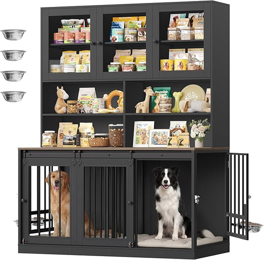 HOSTACK 71" Tall Dog Crate Furniture, 55" W Dog Kennel with Storage Hutch, XL Dog Crate for 2 Dogs with Feeding Bowls, Indoor Heavy Duty Dog Cage with Removable Room Divider, Wooden Pet House, Black