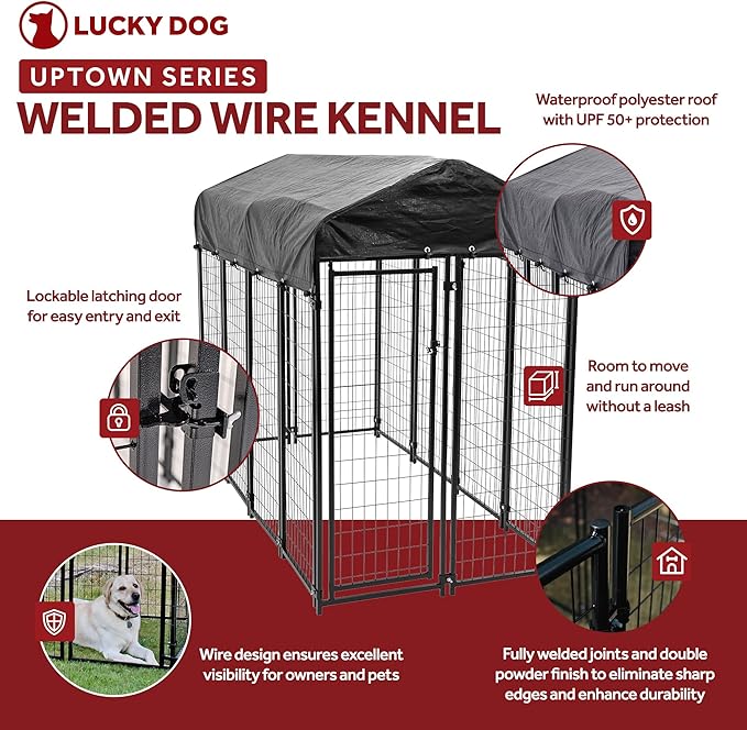 Lucky Dog 8' x 4' x 6' Large Outdoor Steel Frame Kennel and Playpen Enclosure with Black Canopy, Uptown Series - Heavy-Duty Pet Shed for Home and Yard - Protection from Sun, Snow, and Rain