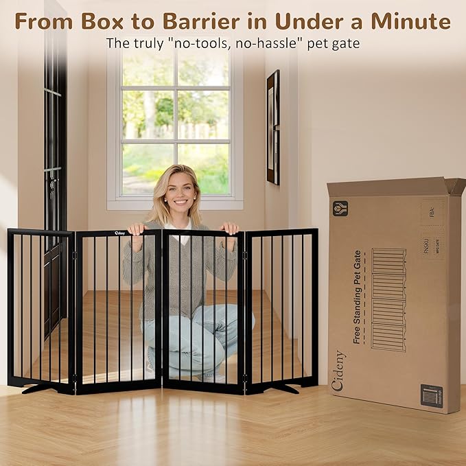 32" Extra Tall Freestanding Dog Gate, Foldable Pet Gate for Doorways Stairs Hallways, 4-Panel Dog Fence with Support Feet for Stability, Folding Puppy Gate Easy to Carry No Drilling 72"x32"