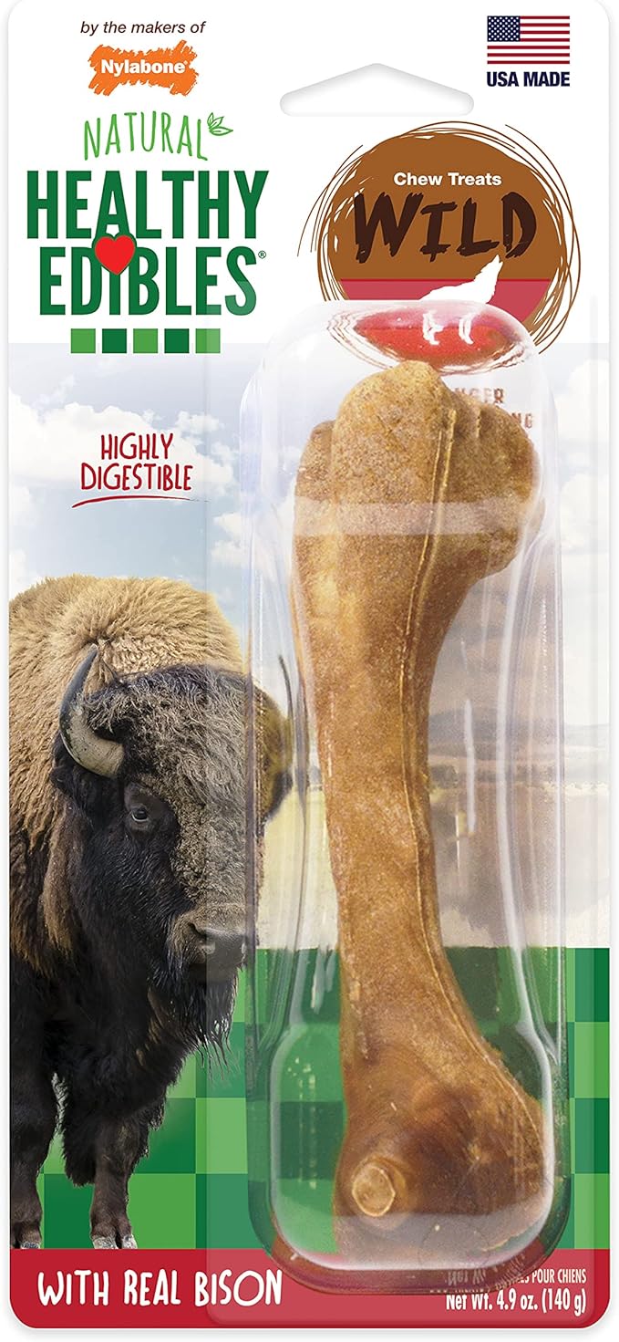 Nylabone Healthy Edibles WILD Natural Dog Chew Treats for Large Dogs, Long Lasting Dog Chew Bones Made in USA, Bison Flavor, For Dogs Up to 50 lbs. (1 Count)