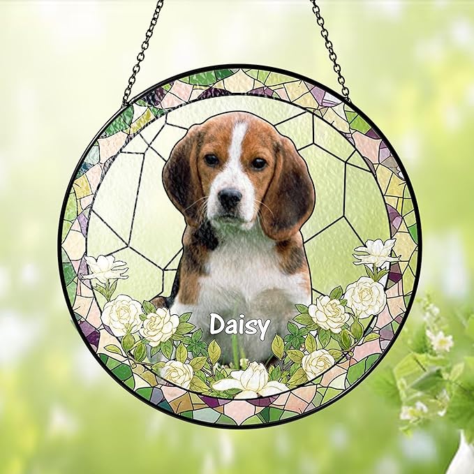 NAZENTI Personalized Dog Memorial Suncatcher, Sympathy Gift for Loss of Pet, Dog Remembrance Gift, Stained Glass Suncatcher, Custom Portrait Photo and Name, Pet Memorial Ornament Window Hanging 2