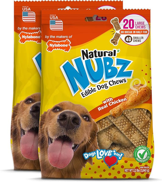 Nylabone Nubz Natural Edible Chew Treats for Dogs, Made in USA, Chicken Flavor, Large - Up to 50 lbs. (40 Count)