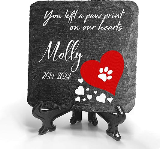 Personalized Individual Square Memorial Plaque + Stand for Pet Cat Dog Slate Stone Frame Paw Grave Marker - Size 3.94" x 3.94" or 100 x 100 mm - Red Heart
