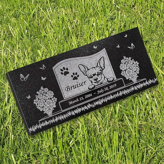 Indoor Outdoor Dog Memorial – Chihuahua Pet Memorial Stone – Black Granite Stone – Dog Headstone – 6 x 12 x 3/8 Inches – Paw Prints Pet Memorial Stone – in Loving Memory – Pet Loss Stone - Bruiser