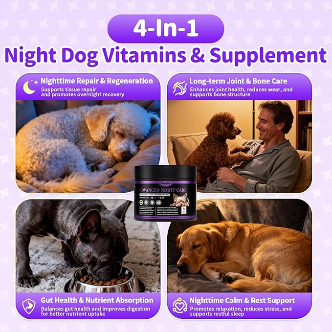 Dog Vitamins and Supplements for Nighttime Repair, Calming, Joint, Gut, Dog Multivitamin Powder for Homemade Food with Collagen, Glucosamine, GABA, Probiotics - Beef Flavor, 75 Scoops
