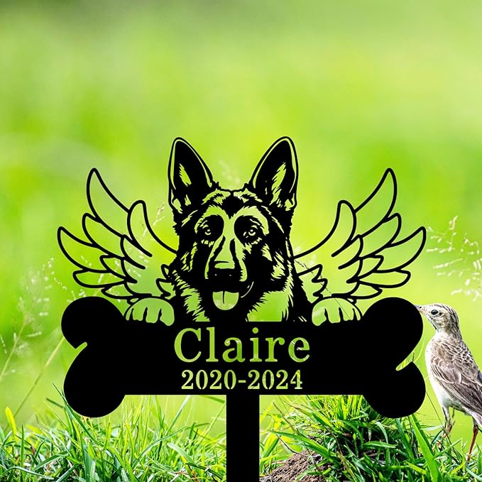 Goodqueen Custom Dog Memorial Grave Marker with Wings Bone, Personalized German Shepherd Grave Marker Memorial Stake Pet Loss Sign, Dog Memorial Grave Stake Pet Grave Marker Pet Sympathy Gift