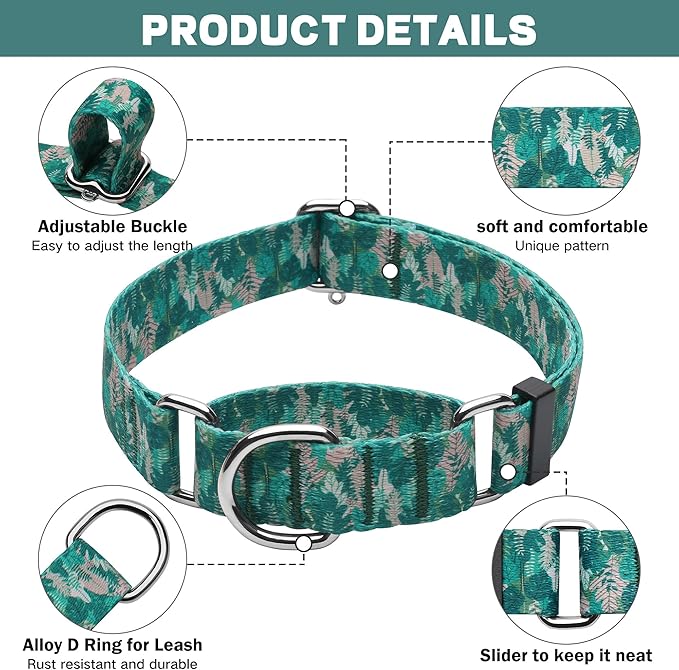 Hikiko Martingale Collar for Dogs with No Buckle Tropical Holiday Dog Collars for Small Dogs,Green Leaves,S