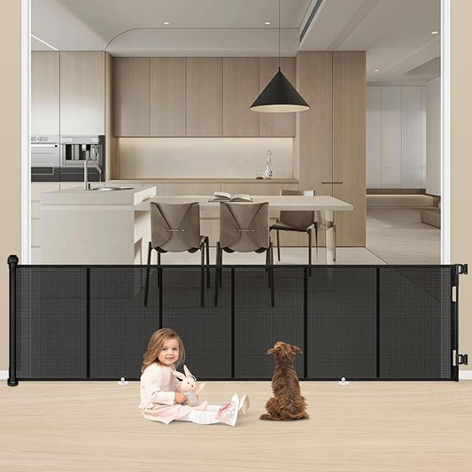 34X100” Extra Wide Safety Retractable Baby Gate, Extra Wide Safety Kids or Pets Gate, 34” Tall, Extends to 100” Extra Wide, Built-in Reinforce Strip Mesh Safety Dog Gate for Stairs (Black)