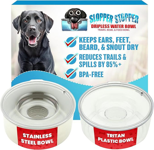 Slopper Stopper Stainless Steel Dripless Water Bowl with Tritan Plastic Lid, Holds 1 Gal, Reduces Spills & Trails Up to 85%+, Water Bowl for Medium Breed Dogs (21-50 lbs), The Original Slobber Stopper